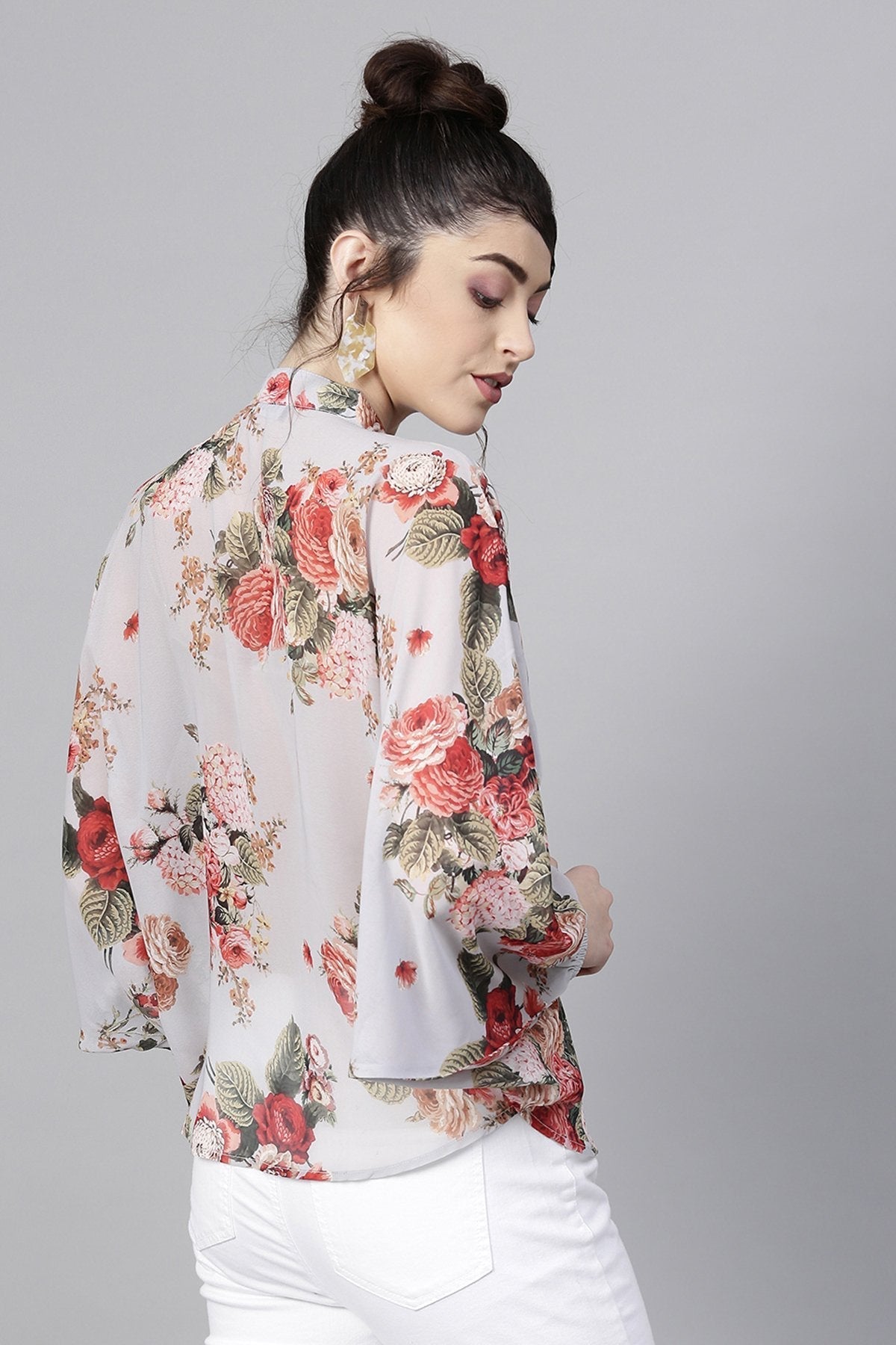 Women's Grey Floral Kimono Shirt