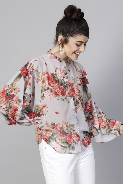Women's Grey Floral Kimono Shirt