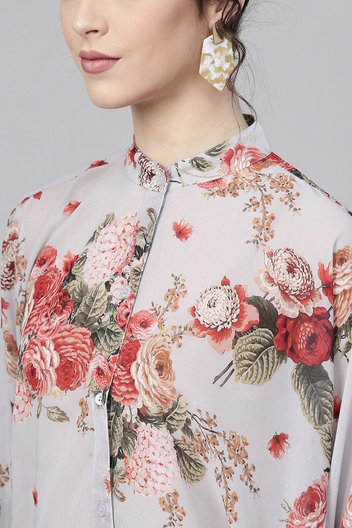 Women's Grey Floral Kimono Shirt