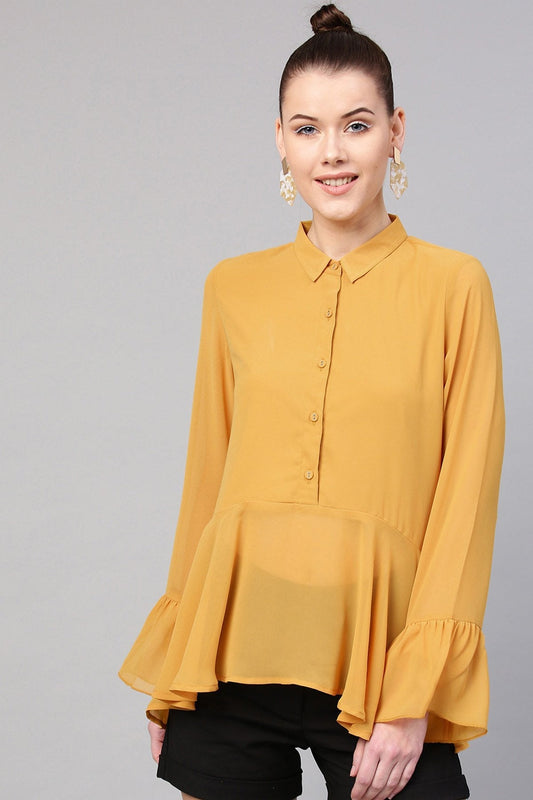 Women's Mustard Ruffled Hemline Shirt
