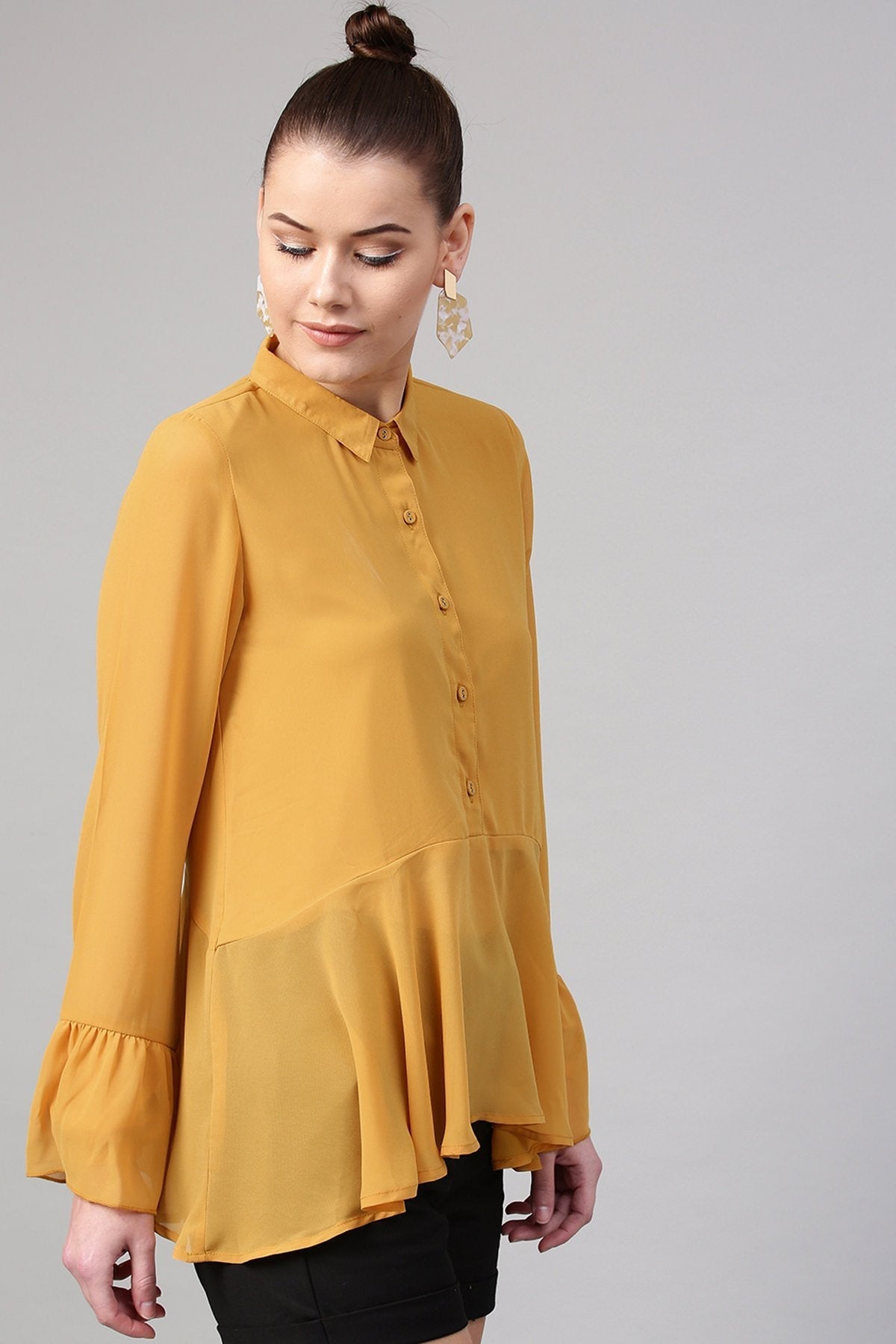 Women's Mustard Ruffled Hemline Shirt
