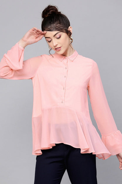 Women's Pink Ruffled Hemline Shirt