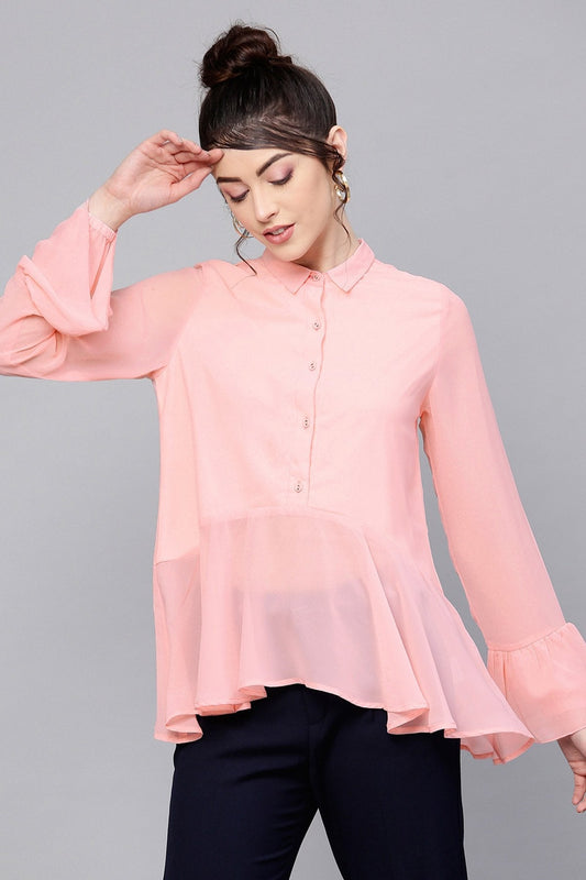 Women's Pink Ruffled Hemline Shirt
