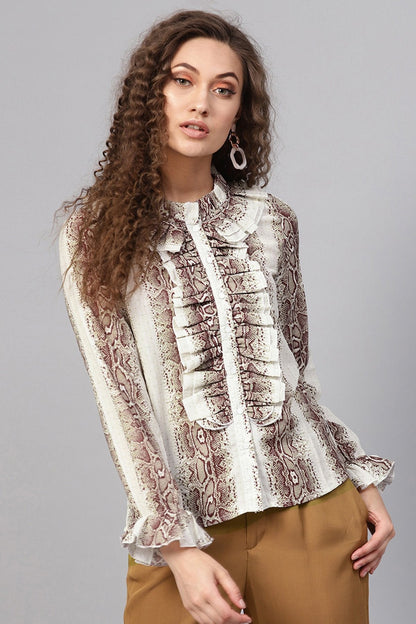 Women's Brown Snake Cascading Ruffles Shirt