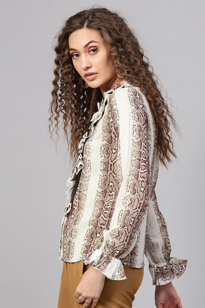 Women's Brown Snake Cascading Ruffles Shirt