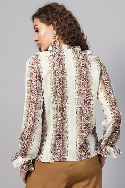 Women's Brown Snake Cascading Ruffles Shirt