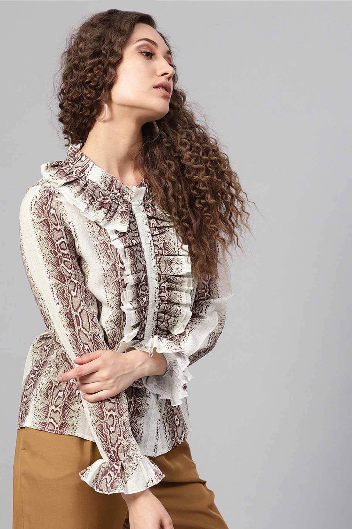 Women's Brown Snake Cascading Ruffles Shirt