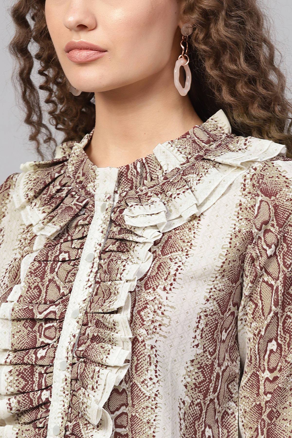Women's Brown Snake Cascading Ruffles Shirt