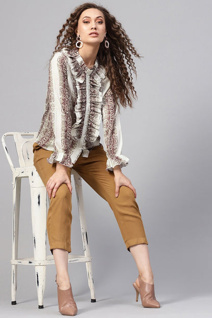 Women's Brown Snake Cascading Ruffles Shirt