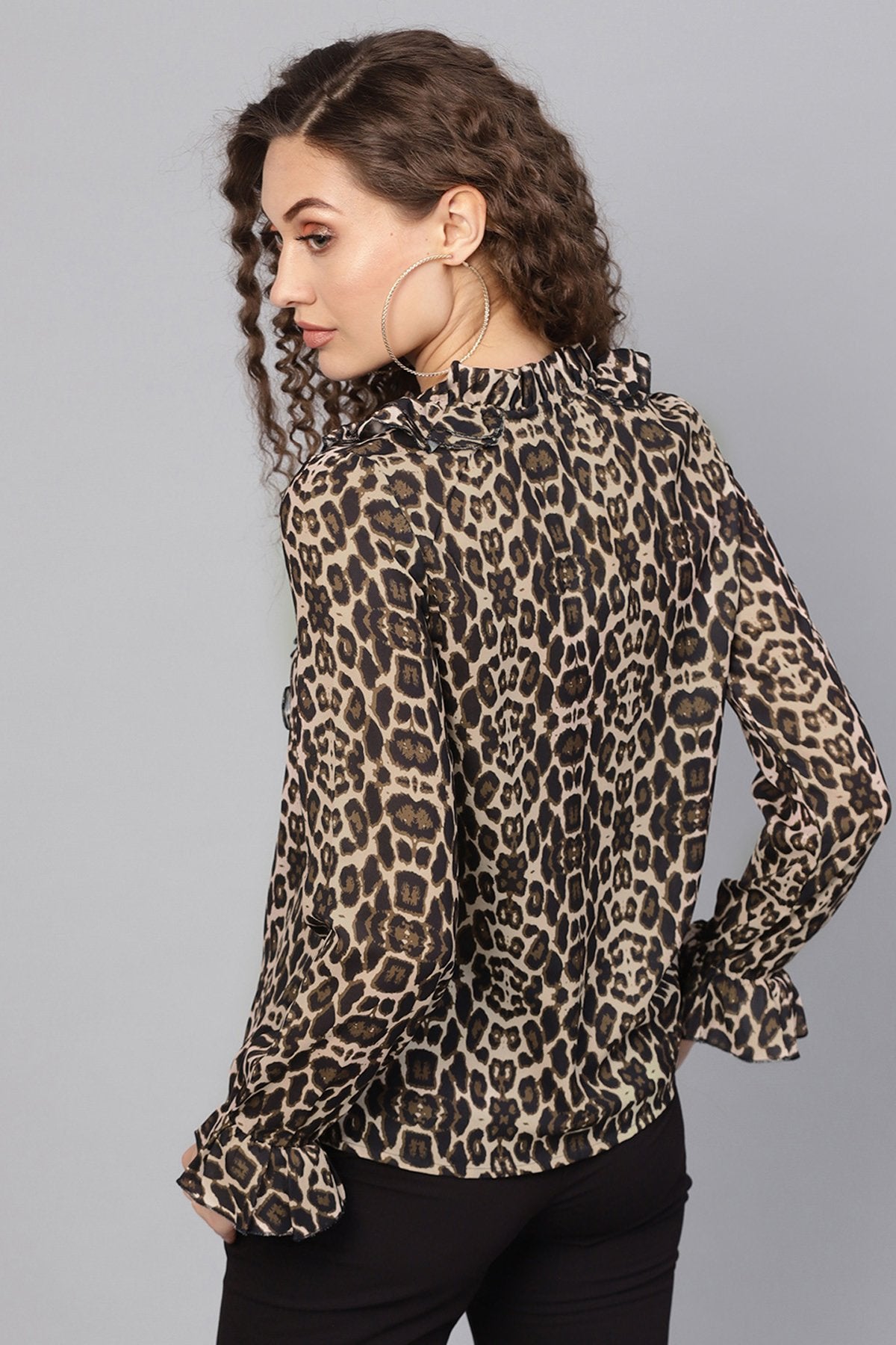 Women's Black Cheetah Cascading Ruffles Shirt