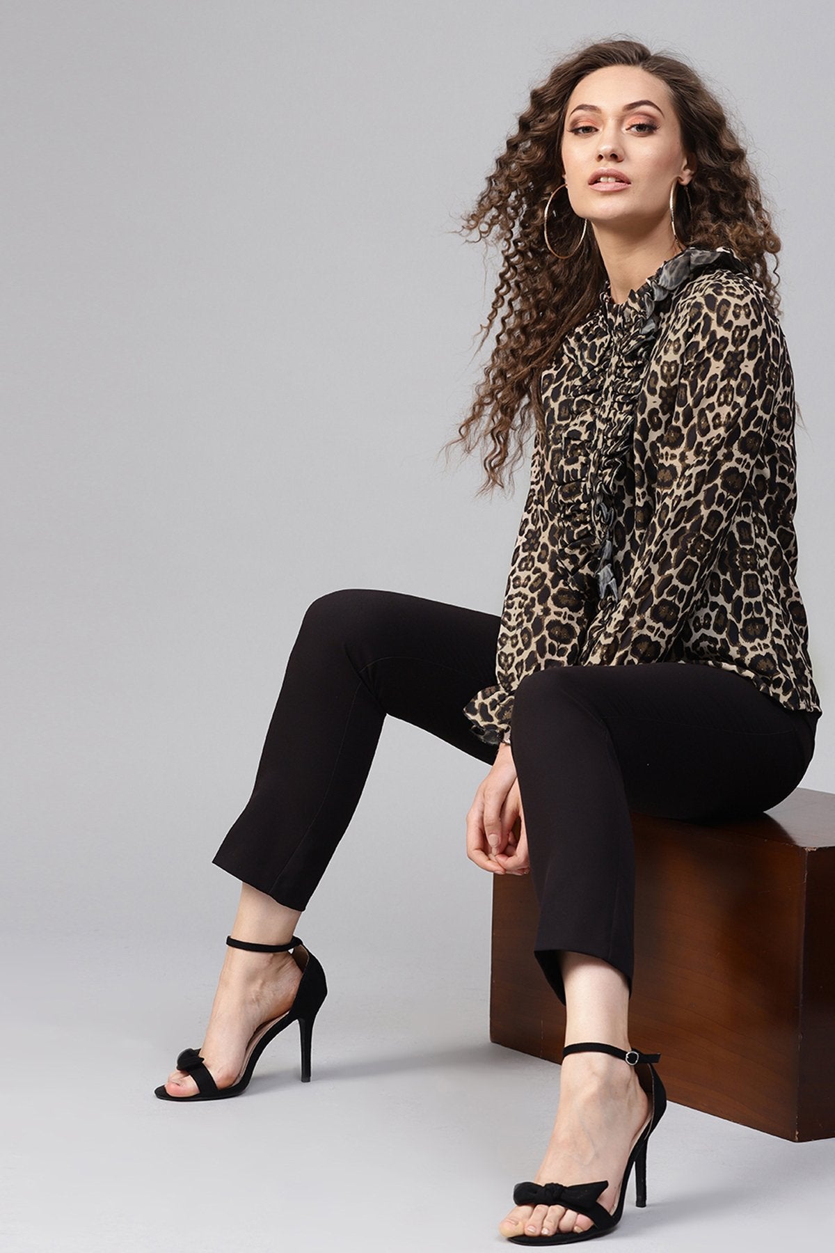 Women's Black Cheetah Cascading Ruffles Shirt