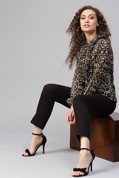 Women's Black Cheetah Cascading Ruffles Shirt