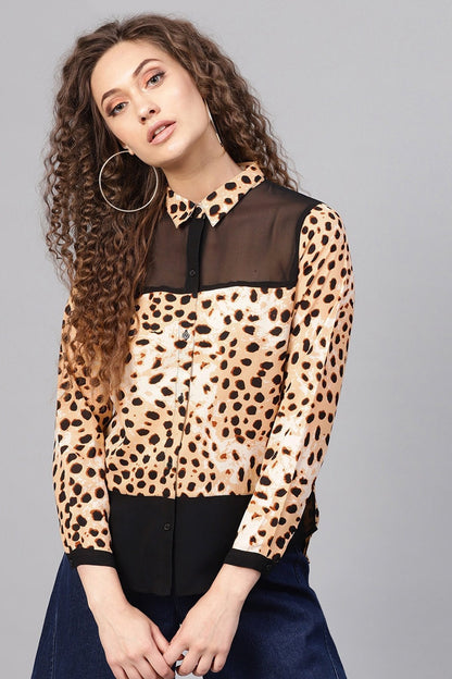 Women's Beige Leopard Wrap Back Shirt