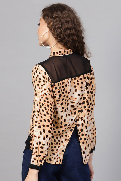 Women's Beige Leopard Wrap Back Shirt