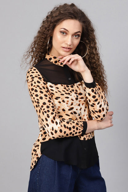 Women's Beige Leopard Wrap Back Shirt