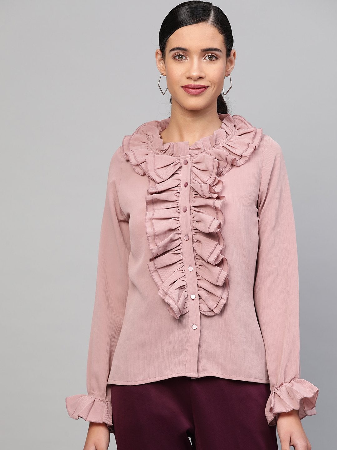 Women's Baked Pink Cascading Ruffled Shirt