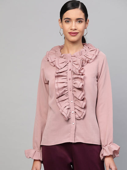 Women's Baked Pink Cascading Ruffled Shirt