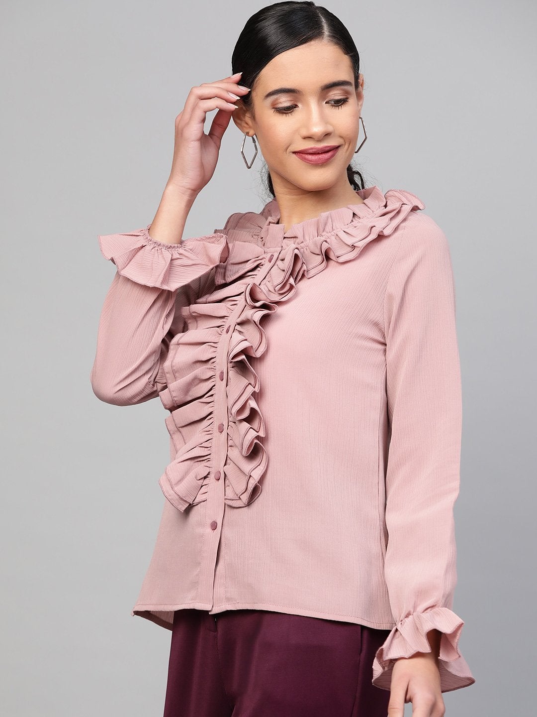 Women's Baked Pink Cascading Ruffled Shirt