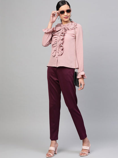 Women's Baked Pink Cascading Ruffled Shirt