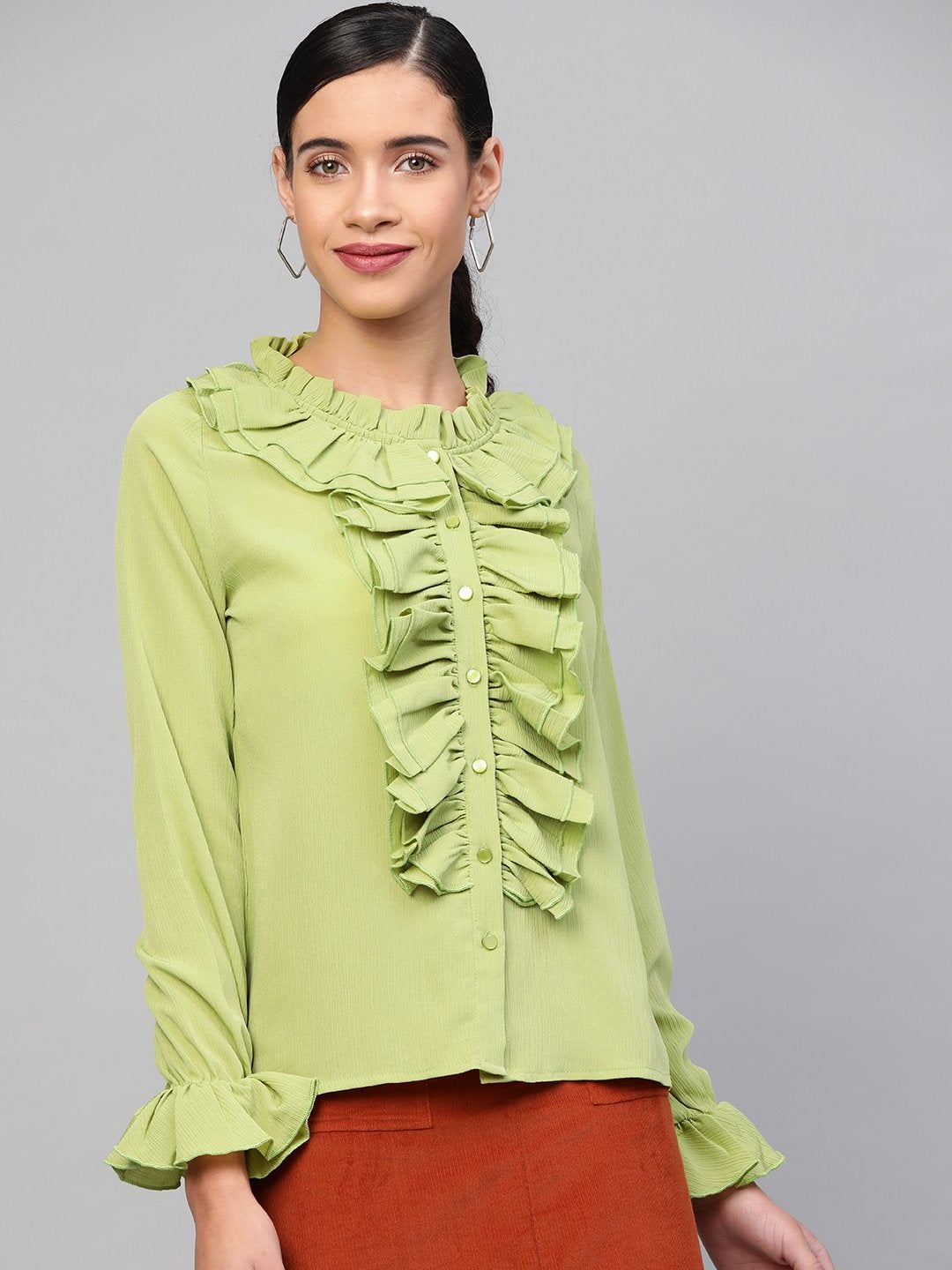 Women's Mint Green Cascading Ruffled Shirt