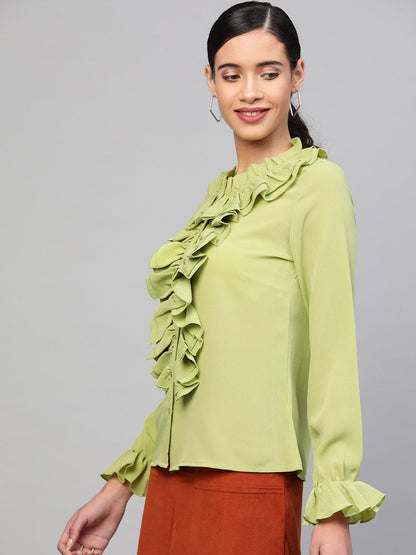 Women's Mint Green Cascading Ruffled Shirt