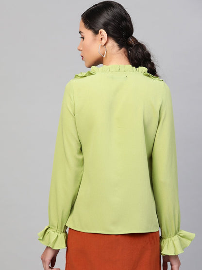 Women's Mint Green Cascading Ruffled Shirt