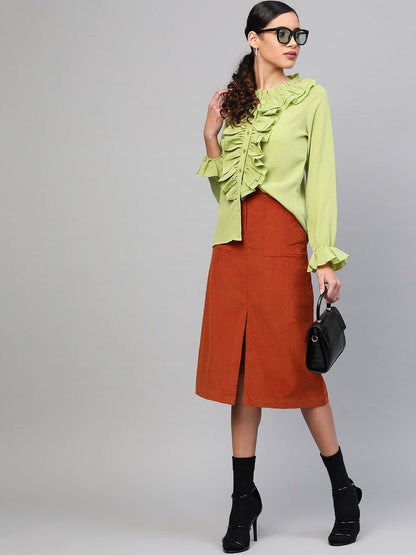 Women's Mint Green Cascading Ruffled Shirt