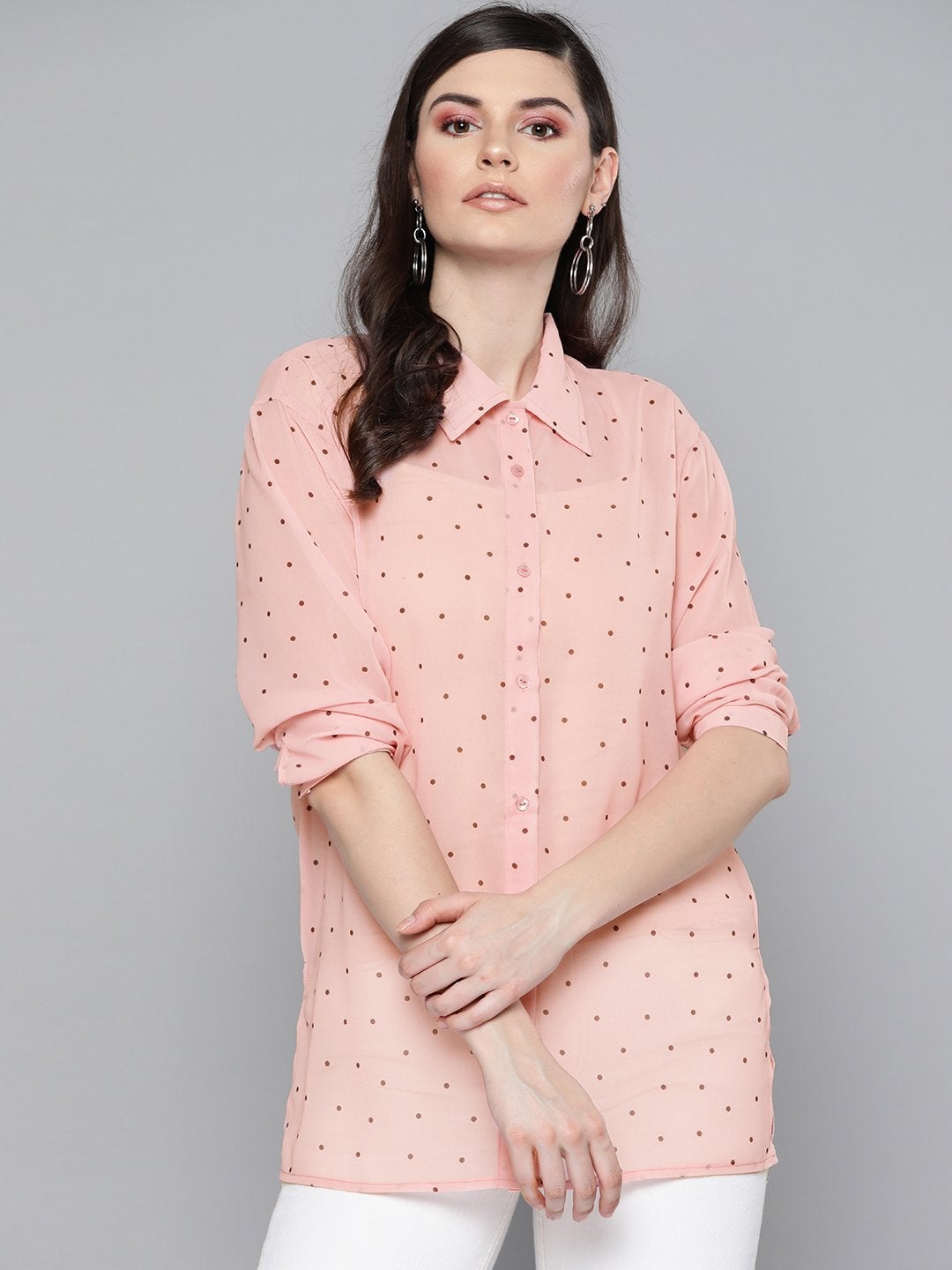 Women's Pink Polka Dot Boxy Sheer Shirt