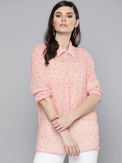 Women's Pink Polka Dot Boxy Sheer Shirt