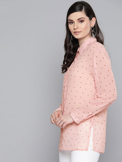 Women's Pink Polka Dot Boxy Sheer Shirt
