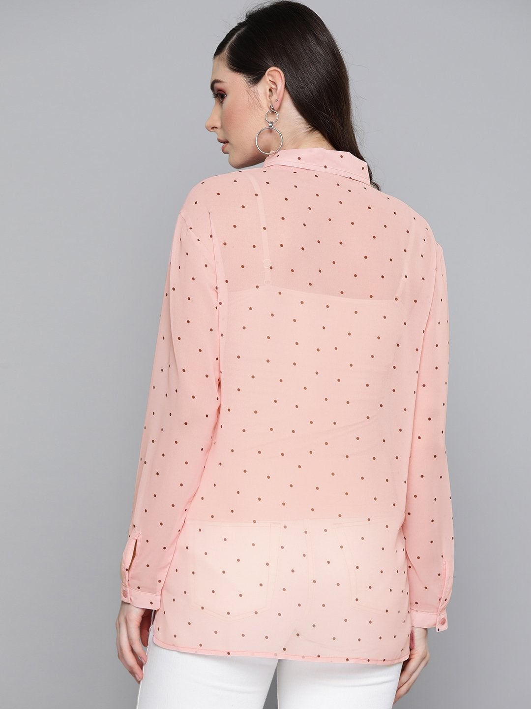 Women's Pink Polka Dot Boxy Sheer Shirt