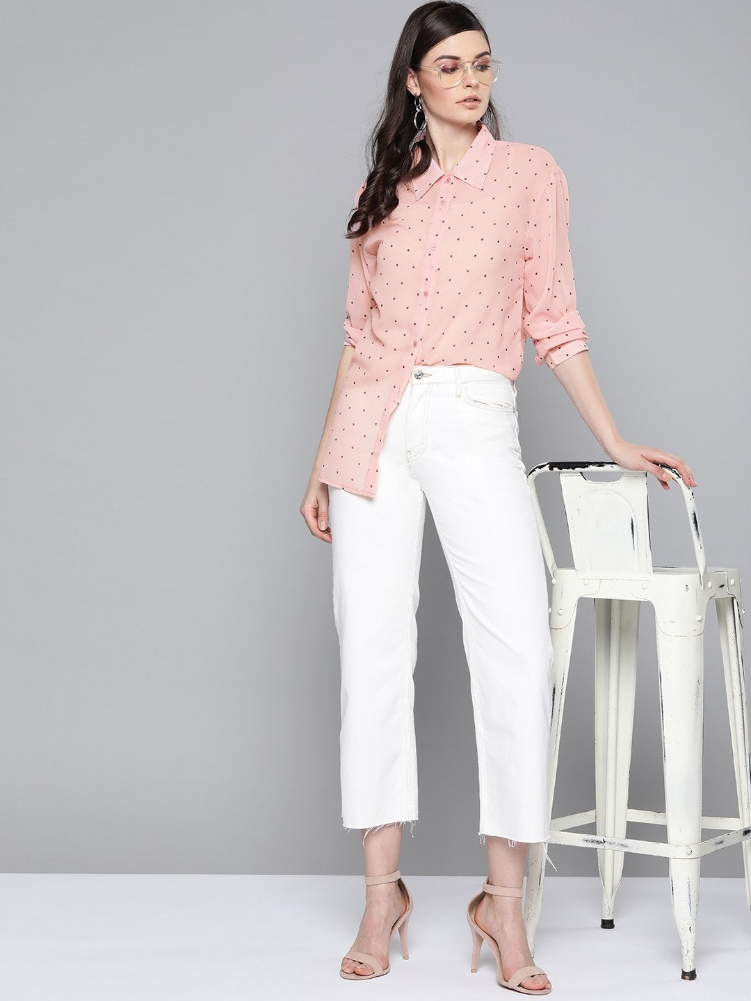 Women's Pink Polka Dot Boxy Sheer Shirt