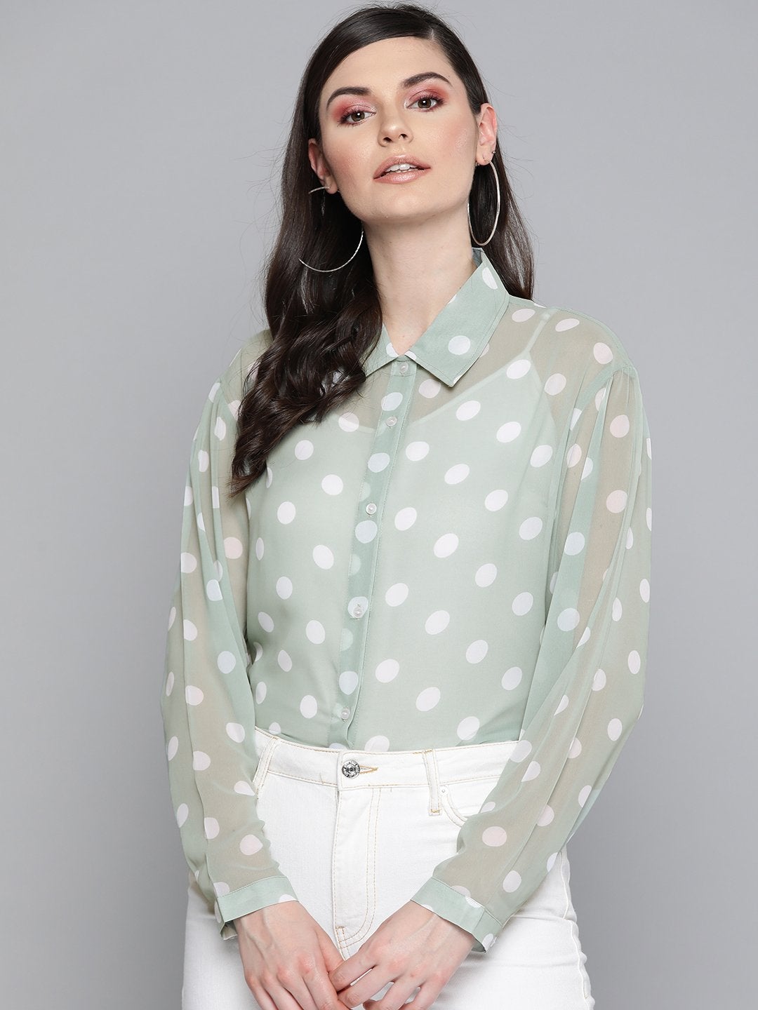 Women's Olive Polka Dot Boxy Sheer Shirt