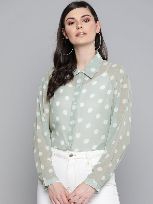 Women's Olive Polka Dot Boxy Sheer Shirt