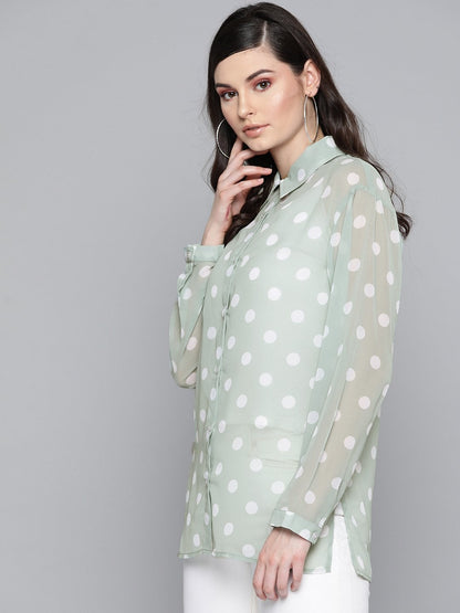 Women's Olive Polka Dot Boxy Sheer Shirt