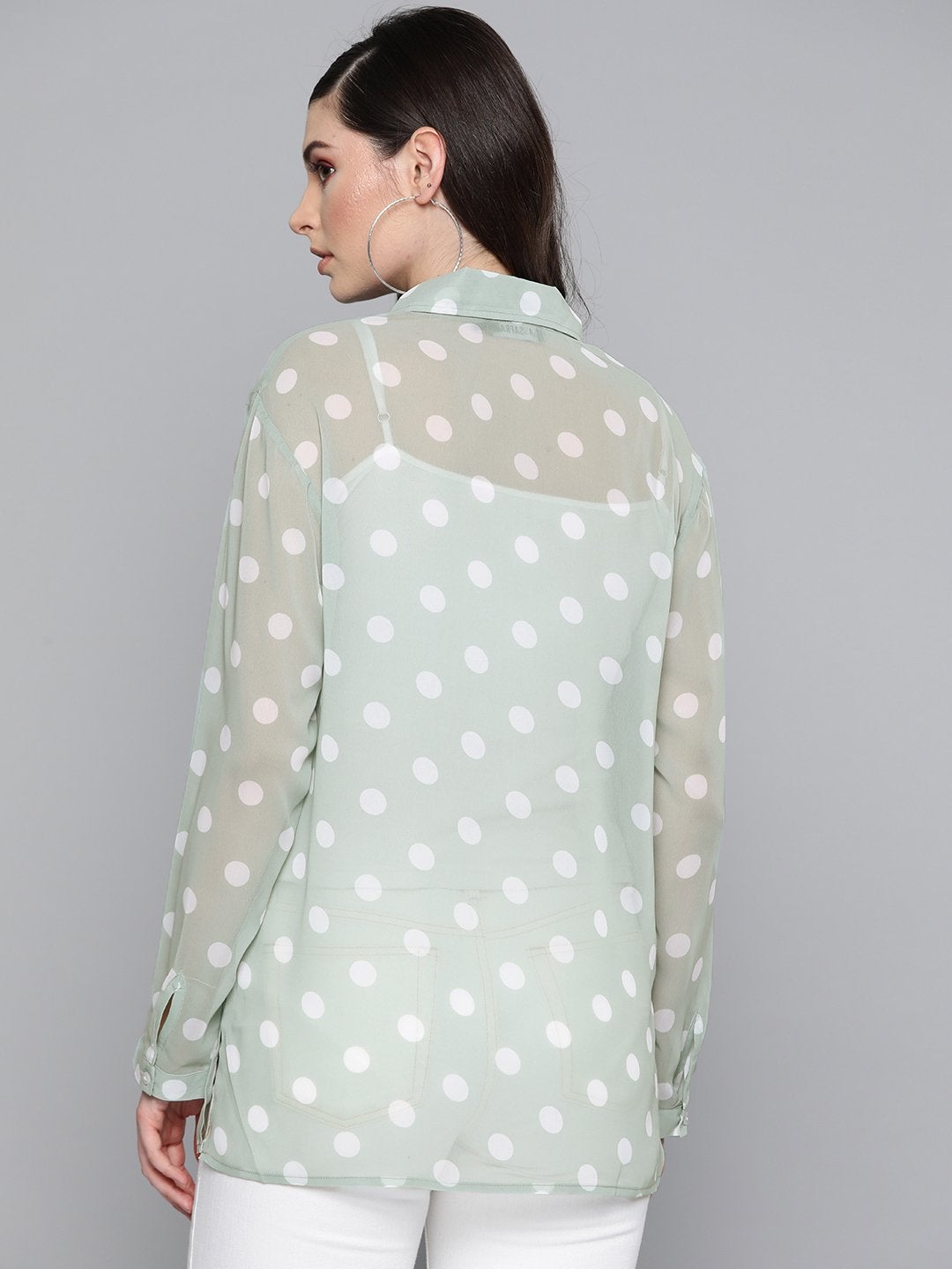 Women's Olive Polka Dot Boxy Sheer Shirt