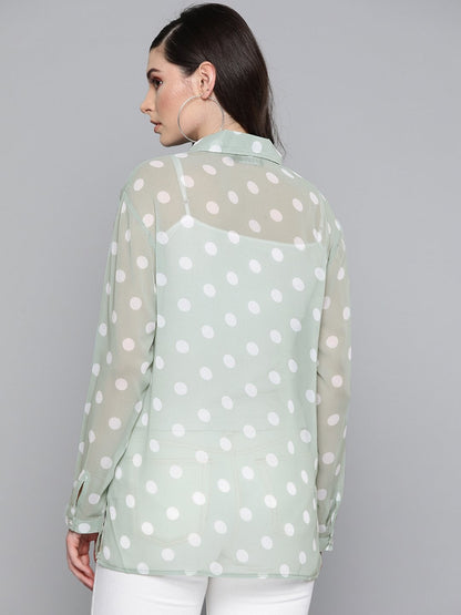 Women's Olive Polka Dot Boxy Sheer Shirt