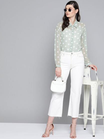 Women's Olive Polka Dot Boxy Sheer Shirt