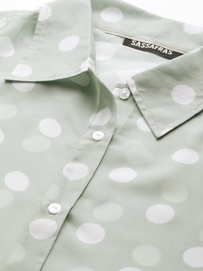 Women's Olive Polka Dot Boxy Sheer Shirt