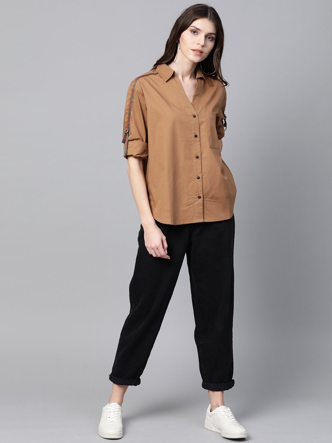 Women's Brown Shoulder Tape Shirt