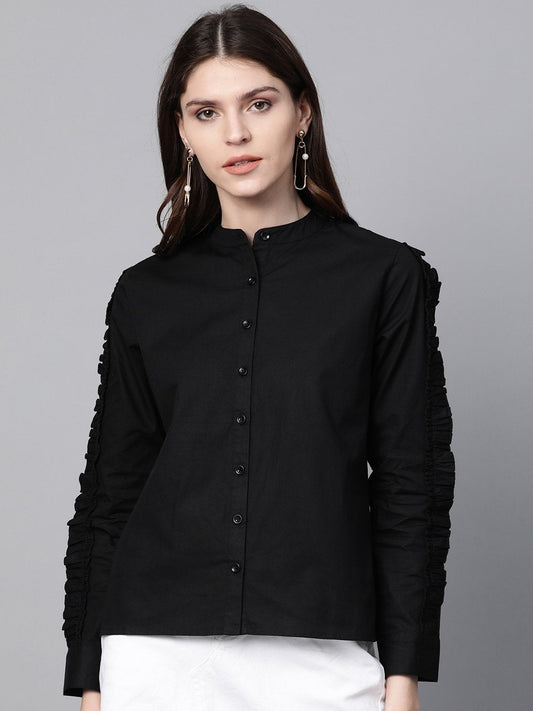 Women's Black Frill On Sleeve Shirt