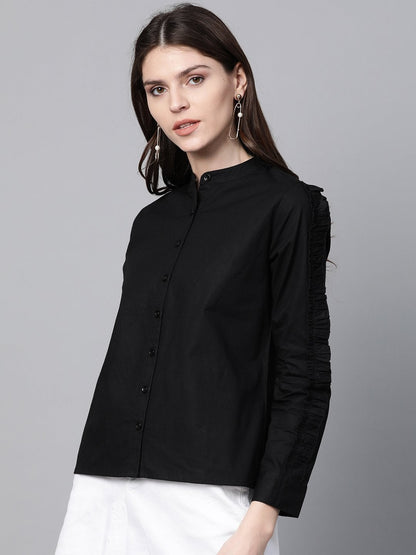 Women's Black Frill On Sleeve Shirt