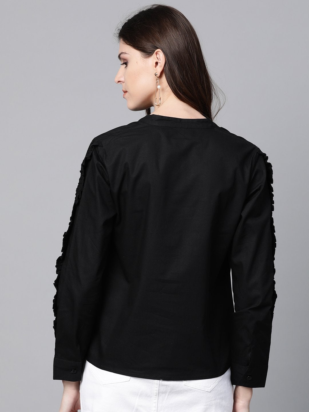 Women's Black Frill On Sleeve Shirt