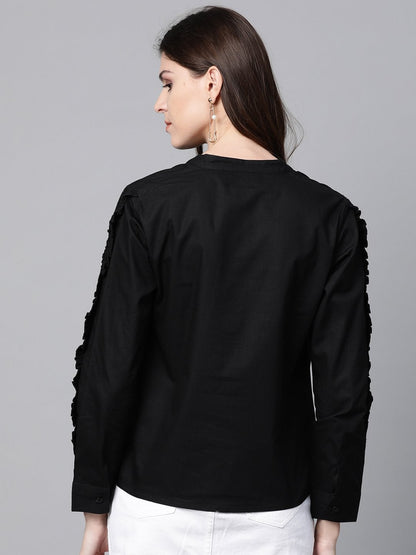 Women's Black Frill On Sleeve Shirt
