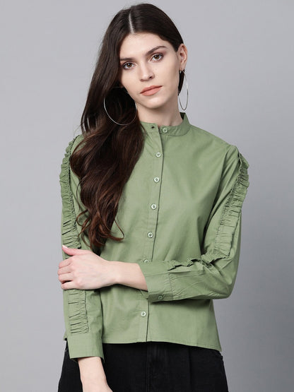 Women's Olive Frill On Sleeve Shirt