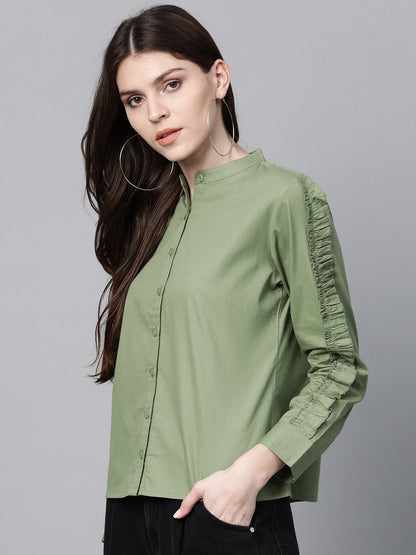 Women's Olive Frill On Sleeve Shirt