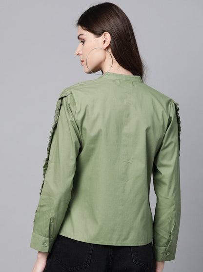Women's Olive Frill On Sleeve Shirt