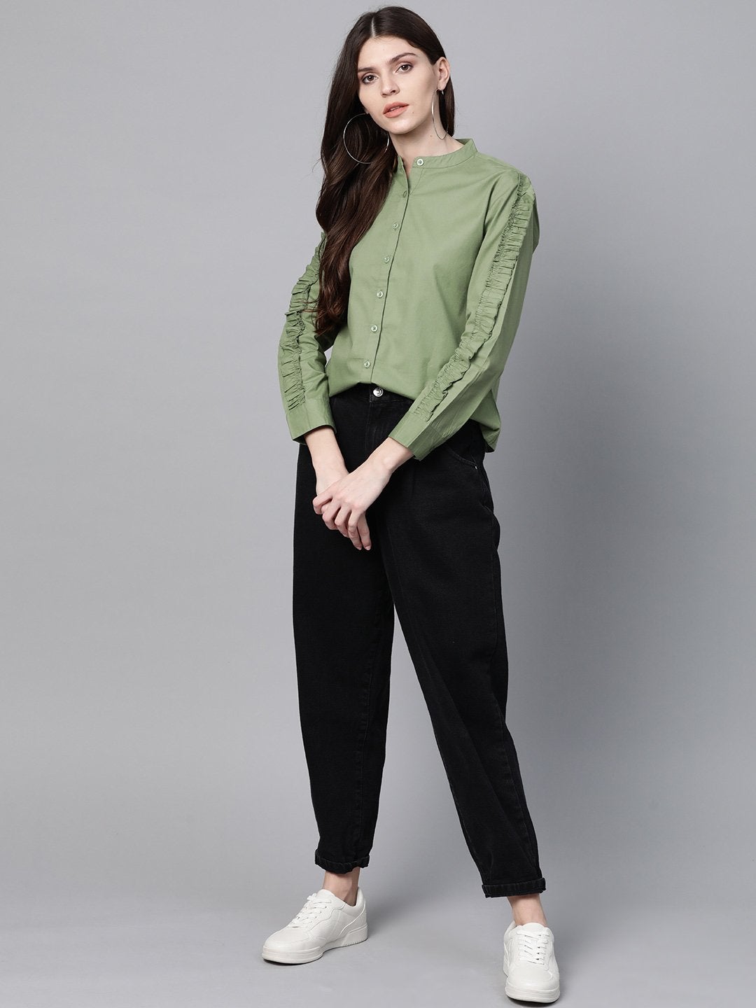 Women's Olive Frill On Sleeve Shirt