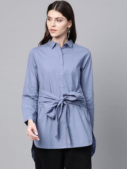 Women's Blue Front Tie Longline Shirt