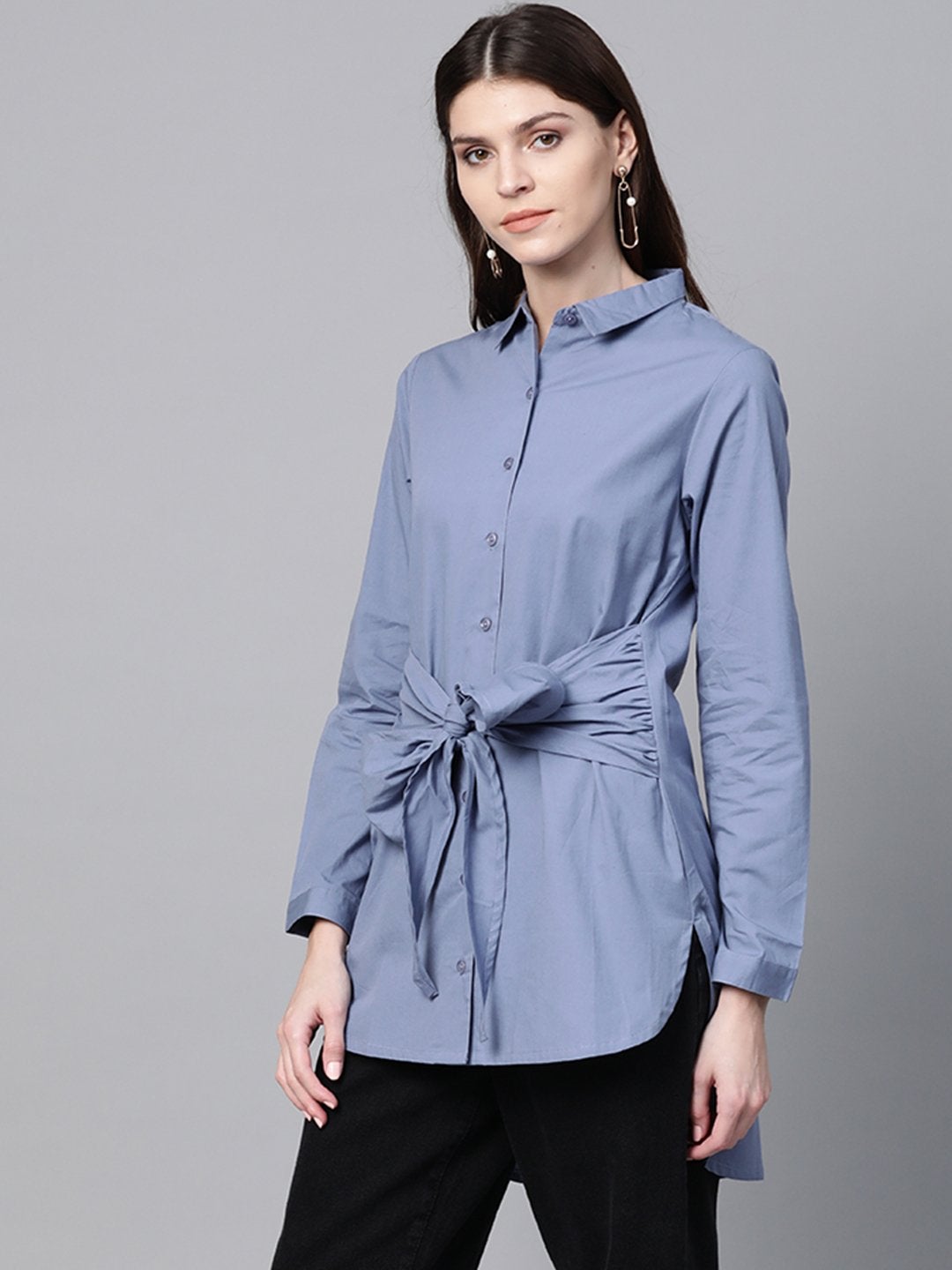 Women's Blue Front Tie Longline Shirt
